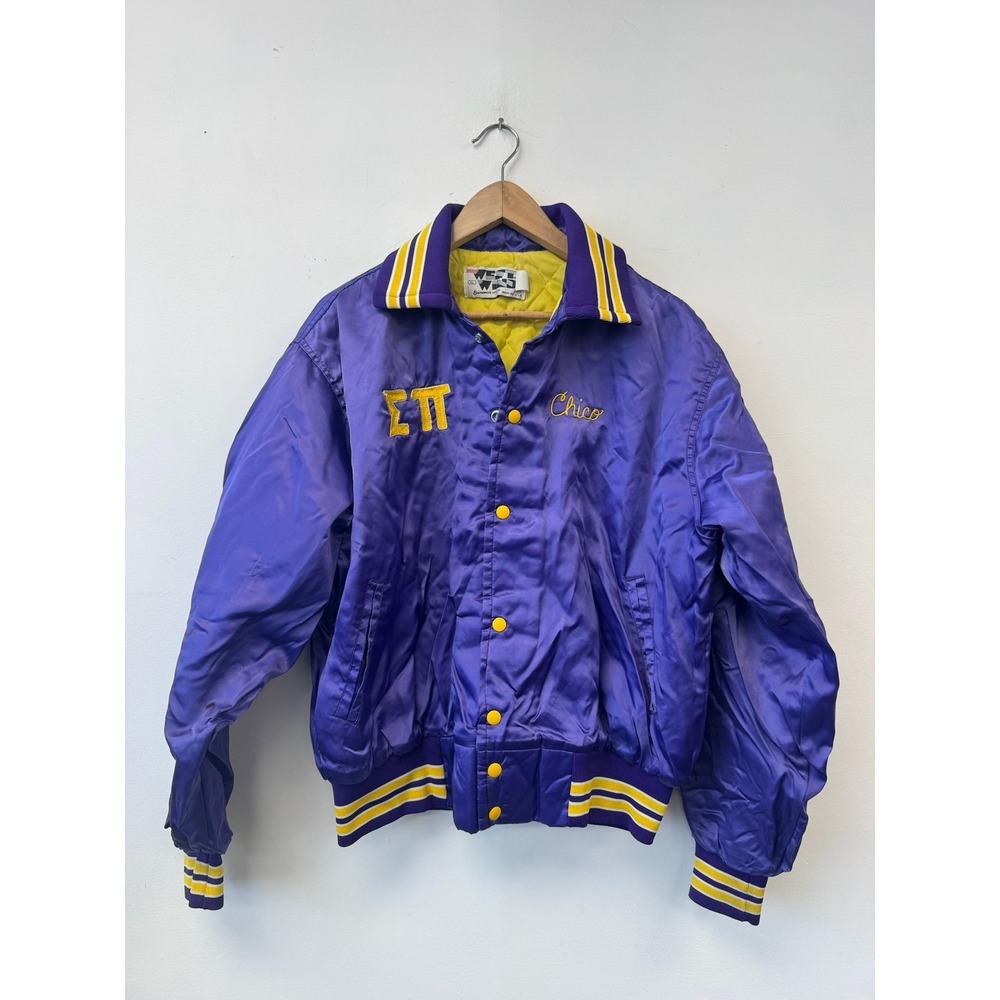 Vintage Sigma Pi Jacket Mens XL Purple Satin Varsity Bomber UW Oshkosh 80s